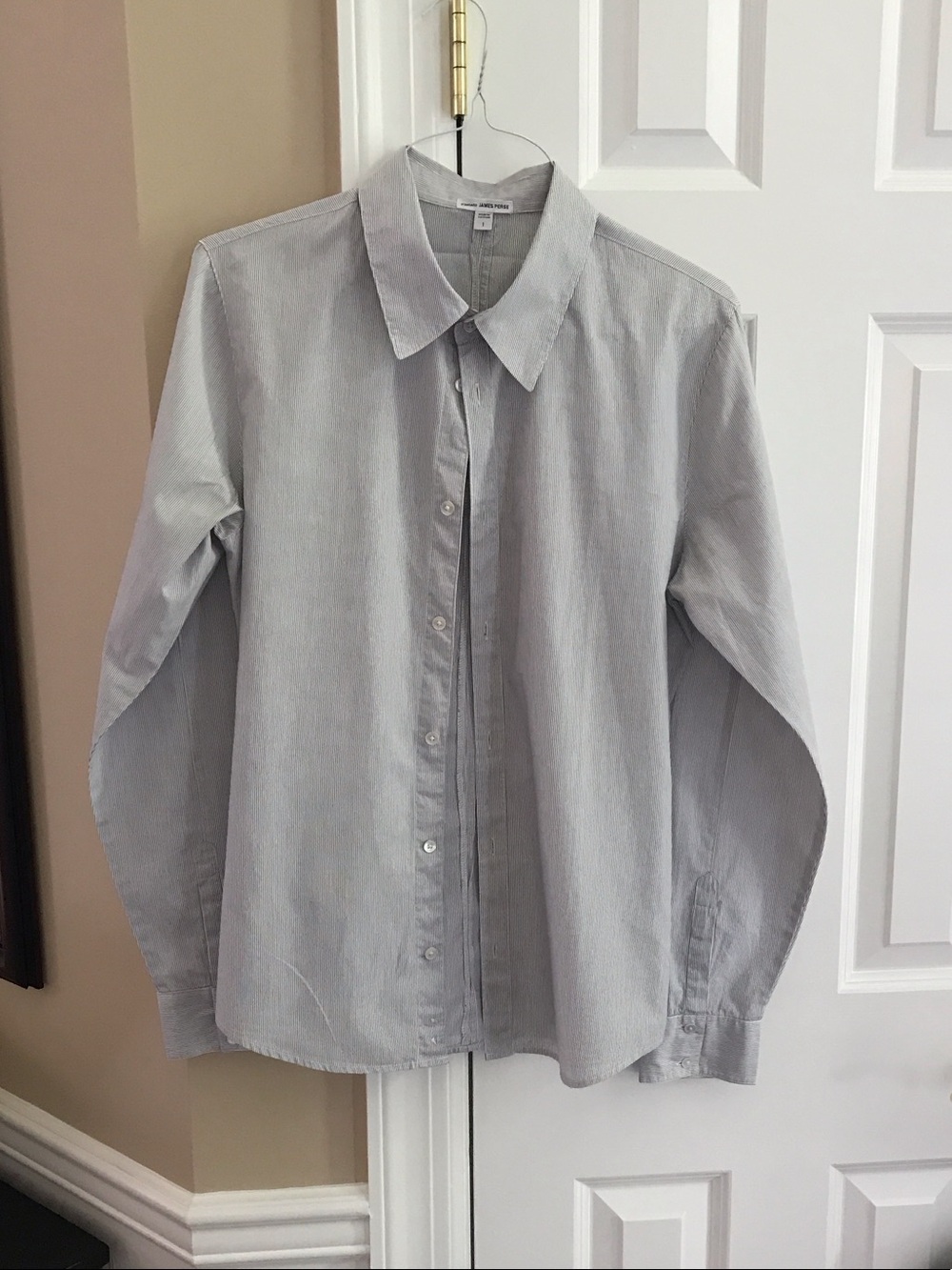 James Perse White Top with Thin Navy Stripes